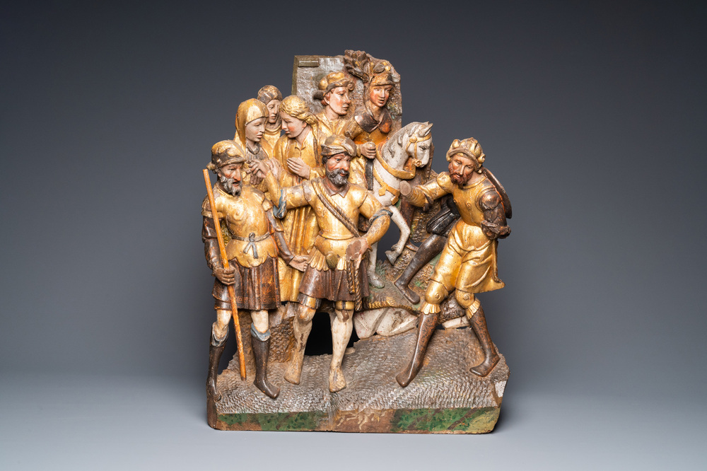 A polychromed walnut wood retable fragment depicting soldiers, Spain, 1st half 16th C.