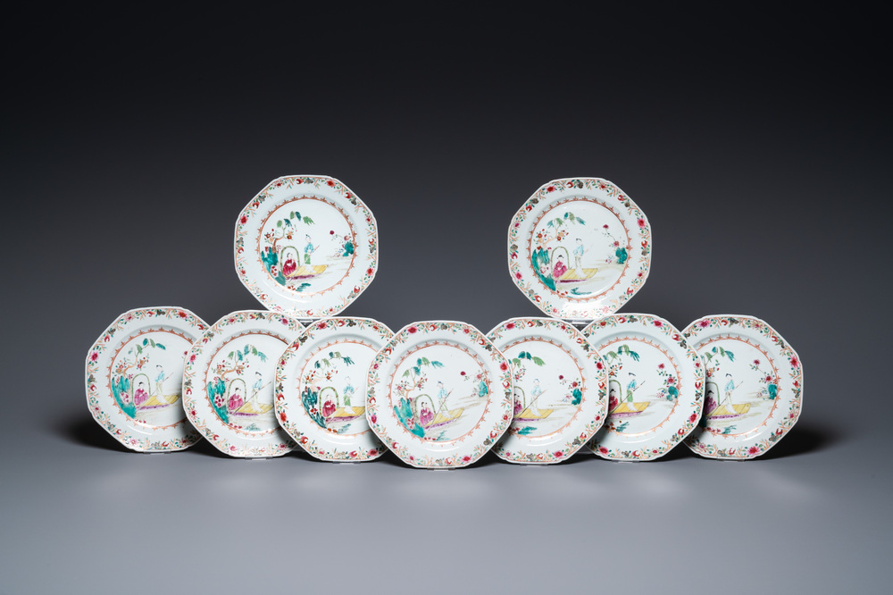 Nine Chinese famille rose plates with a couple in a boat, Qianlong