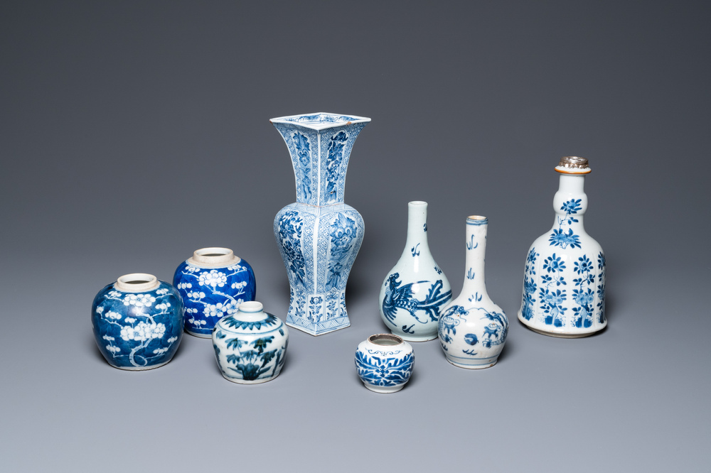 Eight Chinese blue and white vases, Kangxi and later