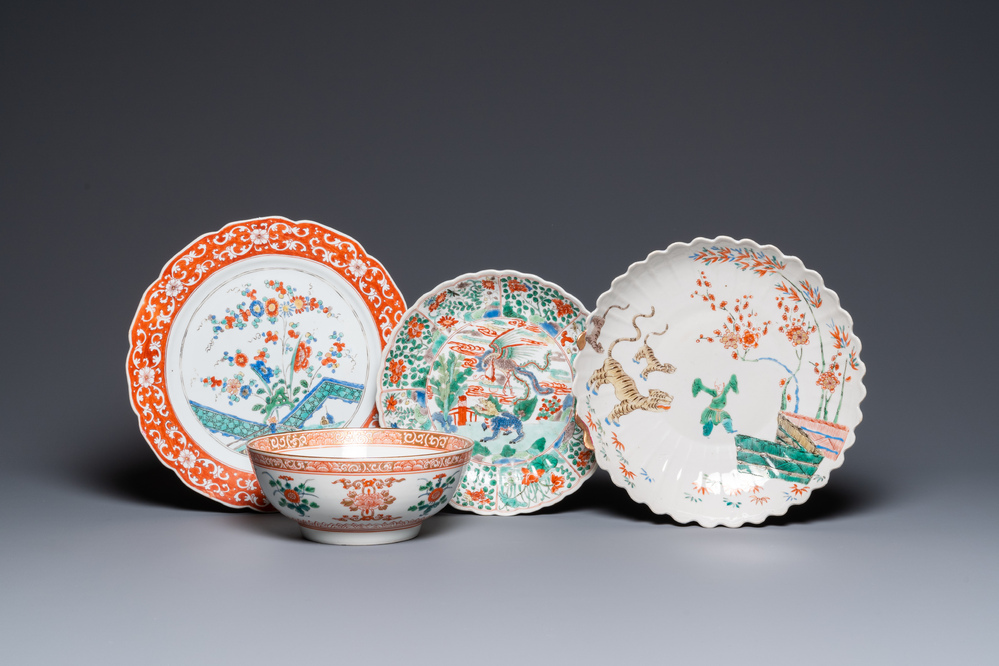 Three Chinese famille verte dishes and a bowl, Kangxi