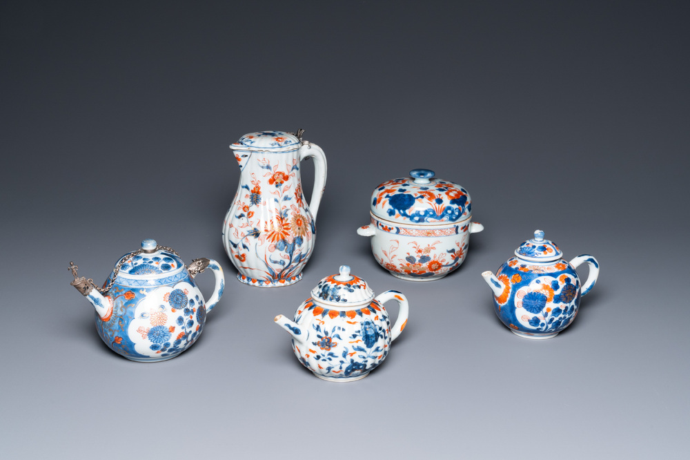 Three Chinese Imari-style teapots, a silver-mounted ewer and a covered bowl, Kangxi