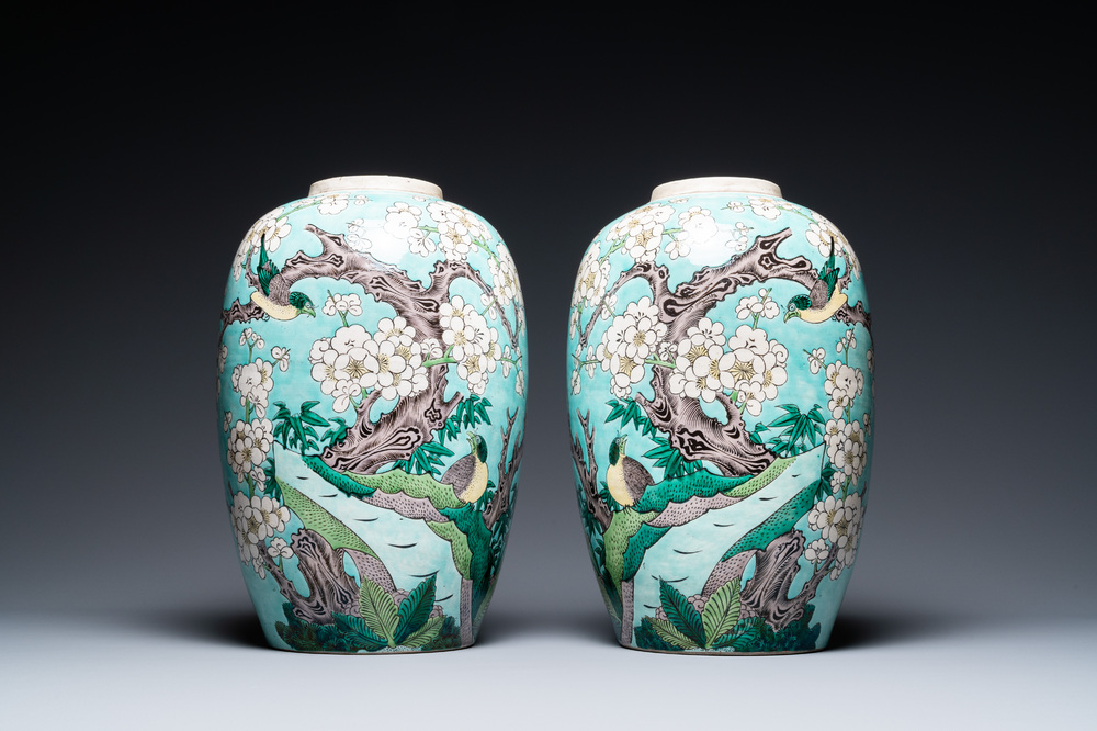 A pair of Chinese verte biscuit turquoise-ground jars, 19th C.