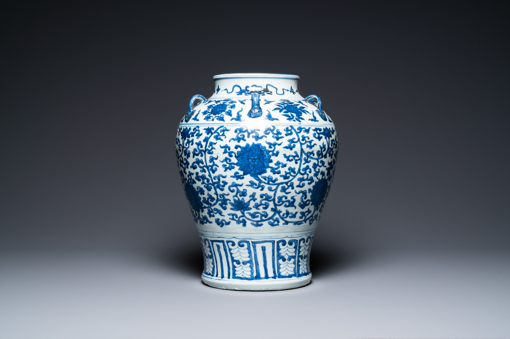 A Chinese blue and white six-handled 'lotus scroll' vase, Wanli
