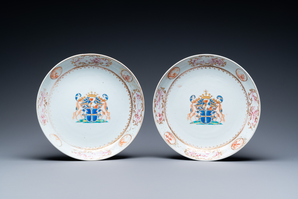 A pair of Chinese famille rose armorial dishes with the arms of 'Van der Cruyce' for the Belgian market, Qianlong