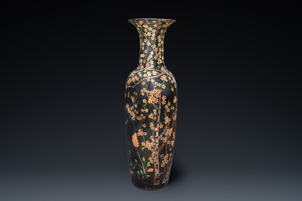 A massive Chinese famille noire 'prunus blossoms' vase, Kangxi mark, 19th C.