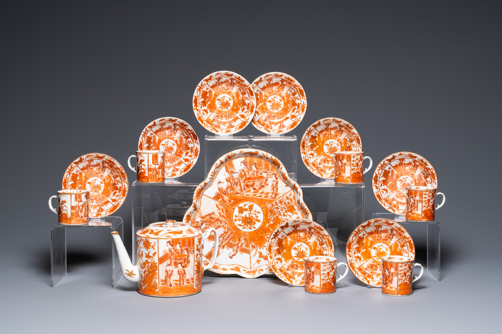 A Chinese 16-piece iron-red and gilt-decorated Canton porcelain tea service, 19th C.