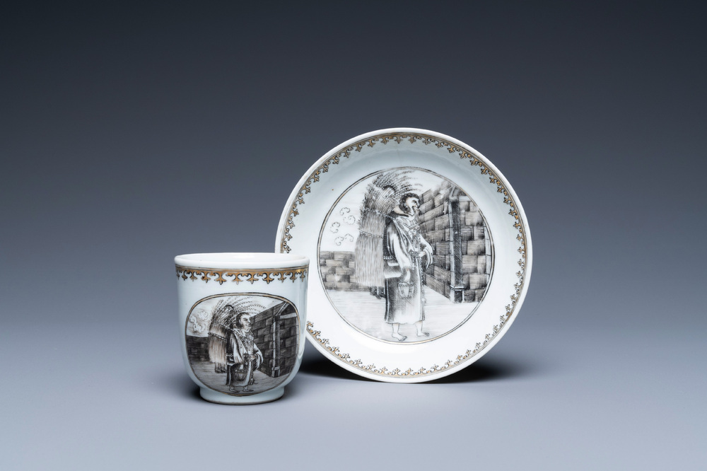 A Chinese grisaille and gilt &lsquo;Provender for the Monastery&rsquo; cup and saucer, Qianlong