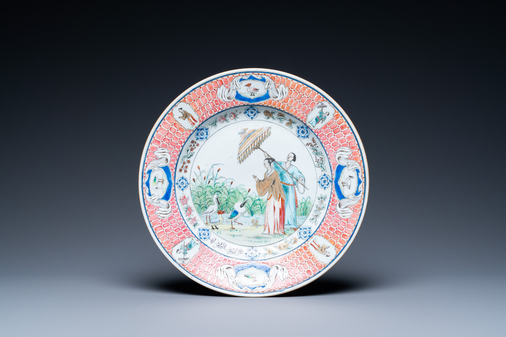 A Chinese famille rose 'Dames au Parasol' dish after Cornelis Pronk, Qianlong