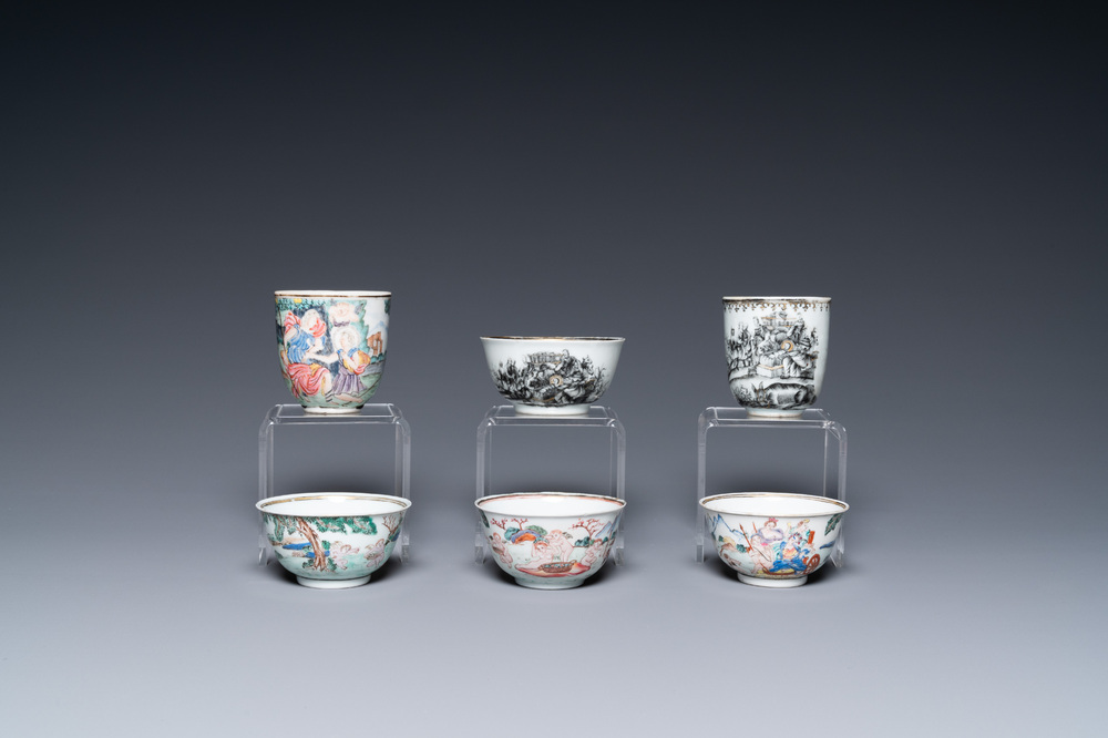 Six rare Chinese famille rose and grisaille cups, Qianlong