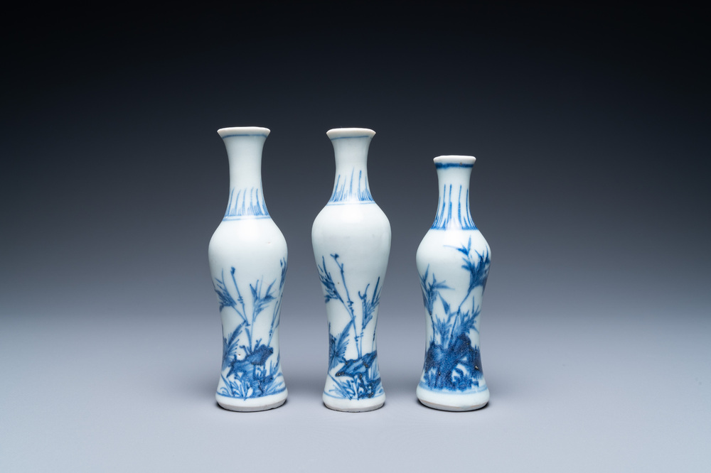 Three Chinese blue and white 'Hatcher cargo' bottle vases, Transitional period