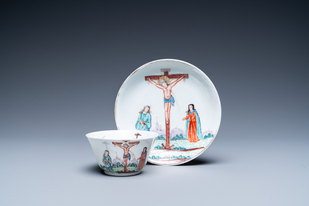 A Chinese Dutch-decorated &lsquo;Crucifixion&rsquo; cup and saucer, Qianlong
