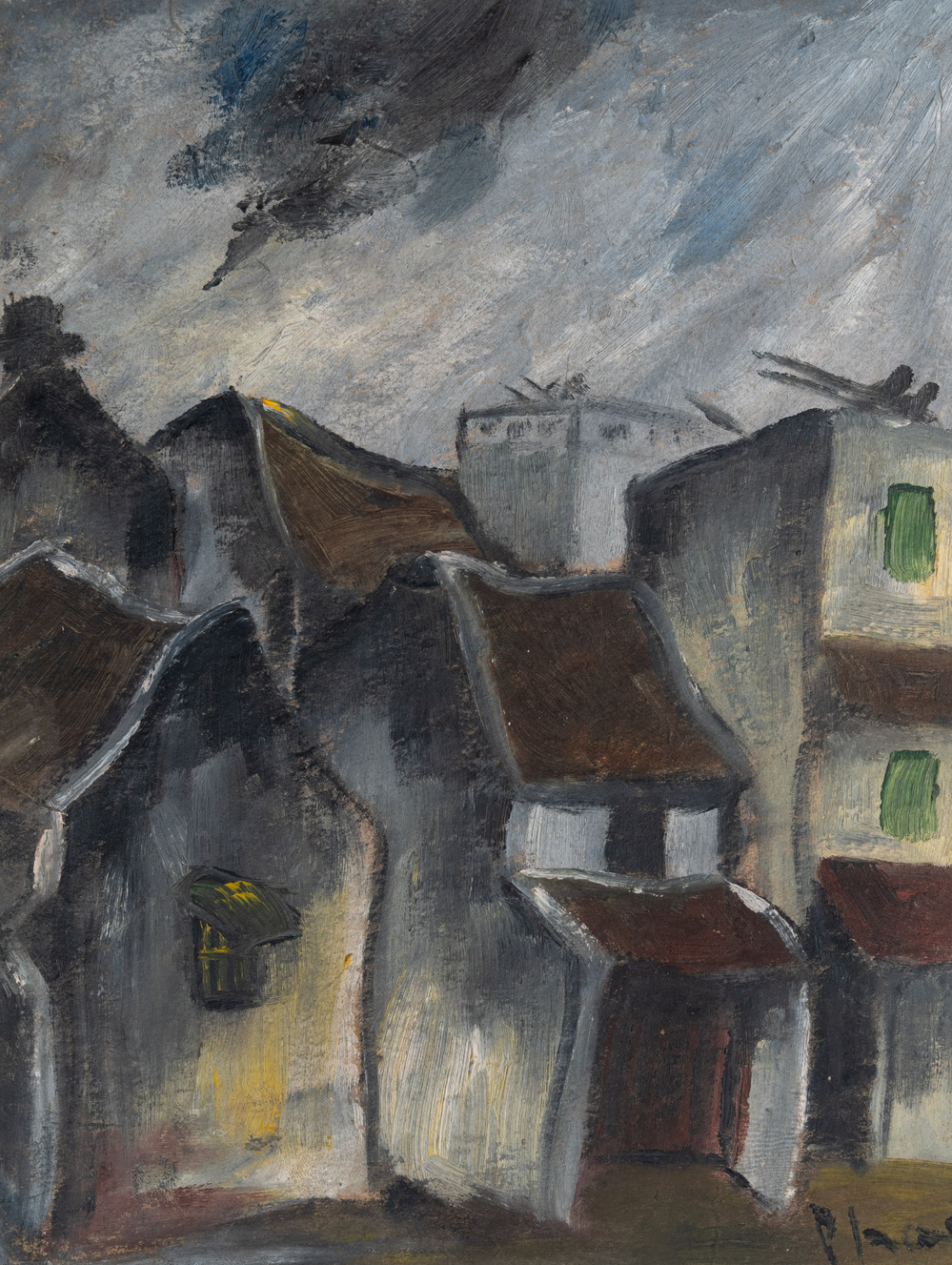 Bui Xuan Phai (Vietnam, 1920-1988): 'Oorlogsvliegtuigen boven huizen in Hanoi', olie op papier, ca. 1972