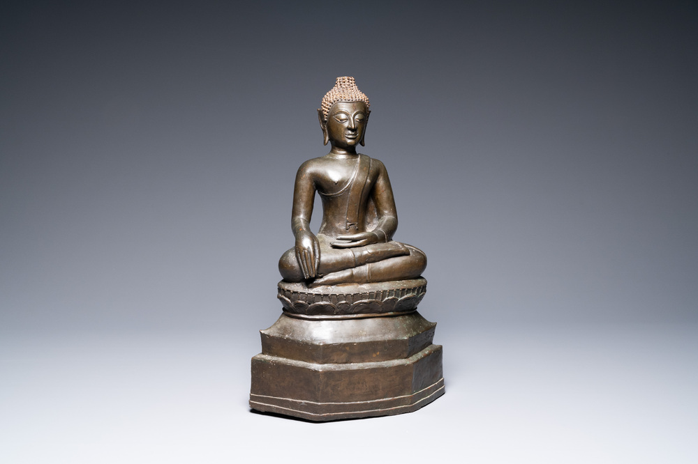 A large Lanna-style bronze figure of Buddha, Laos or Northern Thailand, mid 16th C.