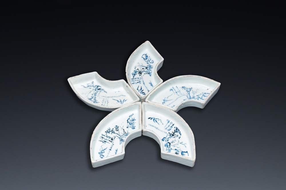 Five Chinese blue and white ko-sometsuke fan-shaped bowls for the Japanese market, Tianqi