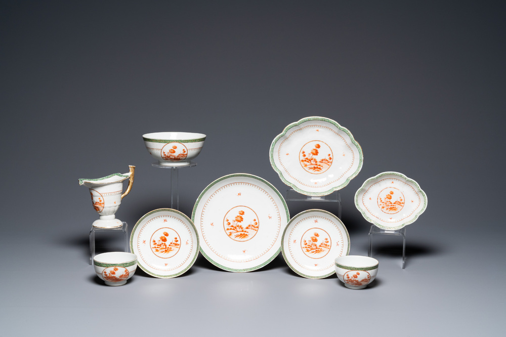 A Chinese nine-piece iron red service with landscape design, Qianlong