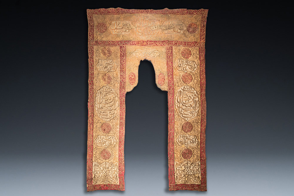 An Ottoman metal-thread-embroidered velvet mosque porti&egrave;re, 19th C.