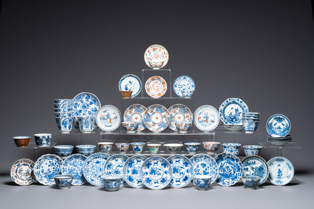 Thirty-six Chinese mostly blue and white saucers and thirty-two cups, Kangxi and later
