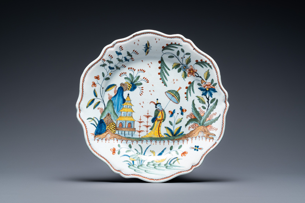 A fine polychrome French faience 'chinoiserie' dish with lobed border, Rouen, 1st half 18th C.