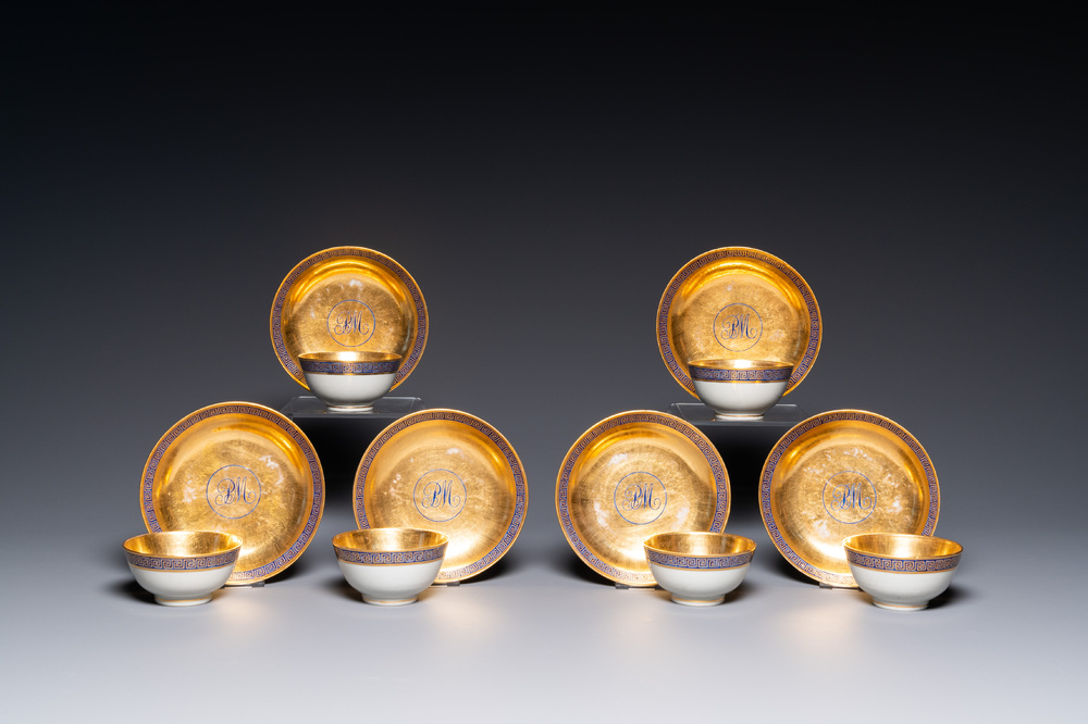 Six rare Chinese PM-monogrammed gilt-ground cups and saucers, Yongzheng/Qianlong