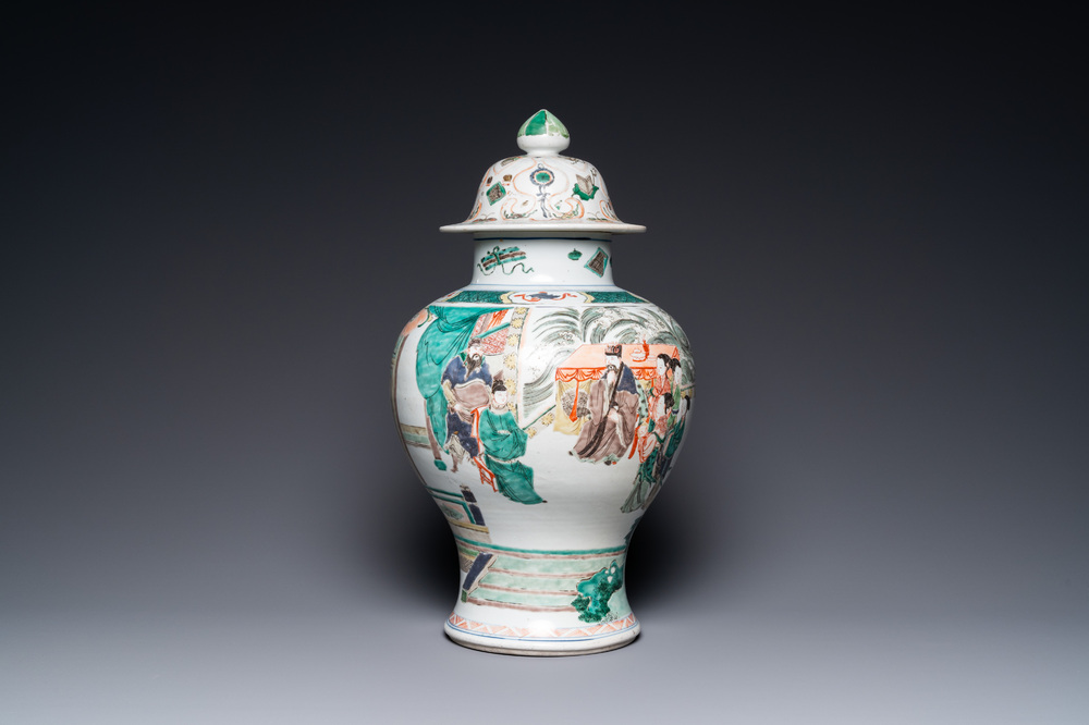A Chinese famille verte 'Xi Xiang Ji' vase and cover, Kangxi
