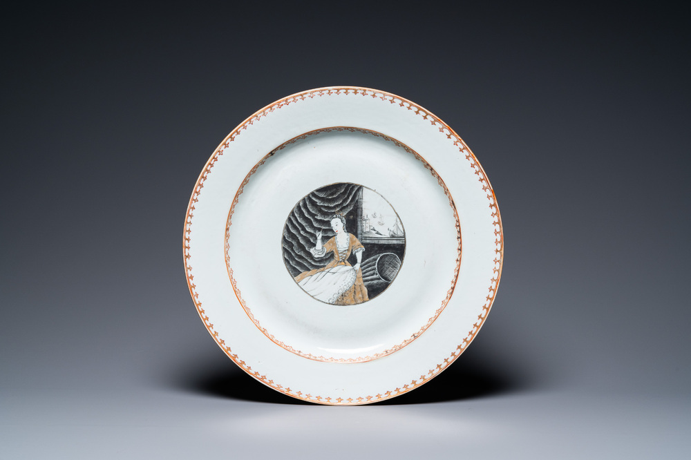 A large Chinese grisaille 'seamstress' dish, Qianlong