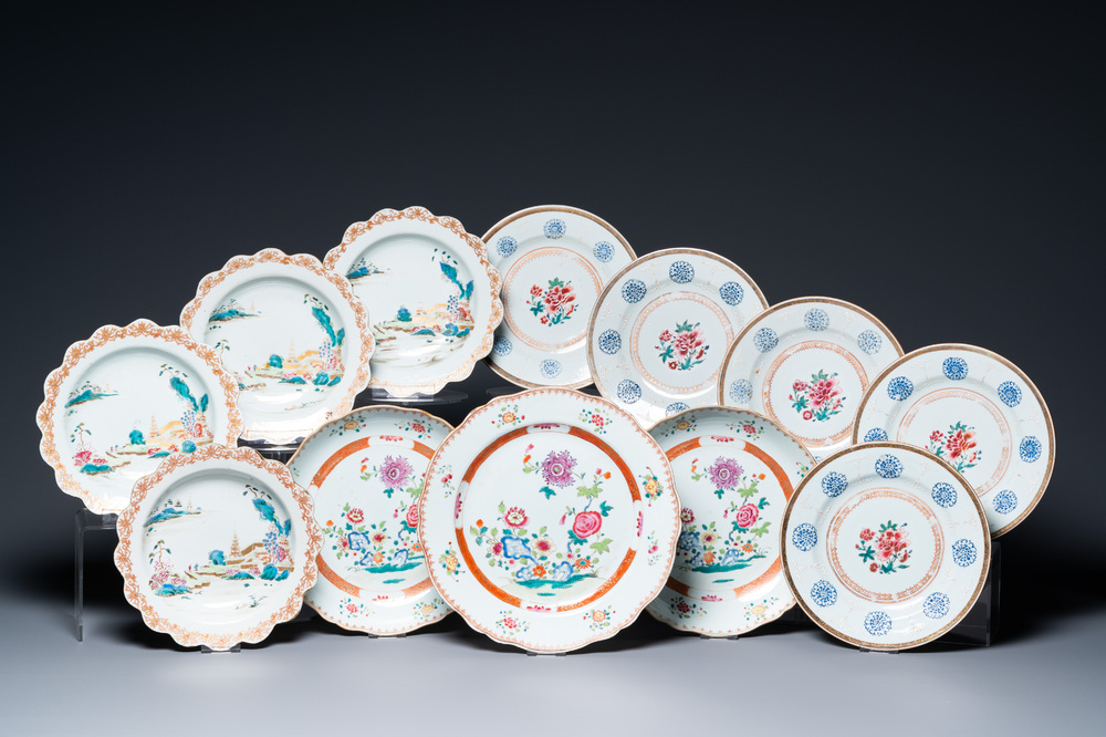 Twelve Chinese famille rose dishes and plates, Qianlong