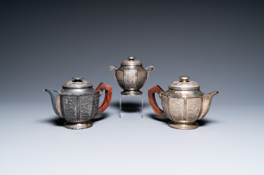 Two Vietnamese silver teapots and a sugar bowl and cover, marked Donghung, ca. 1900