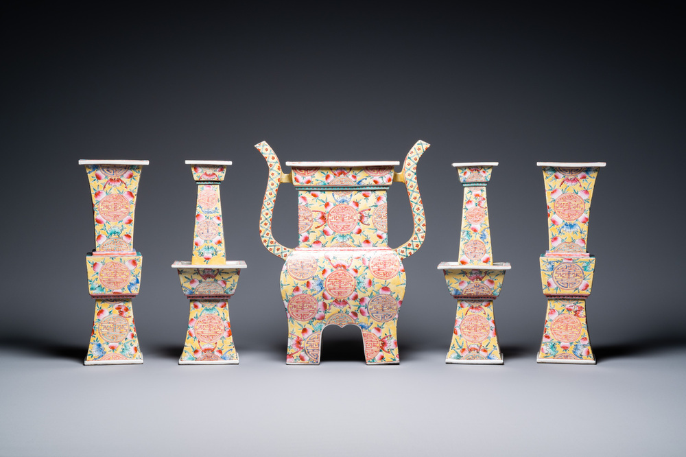 A Chinese famille rose five-piece altar garniture, Republic
