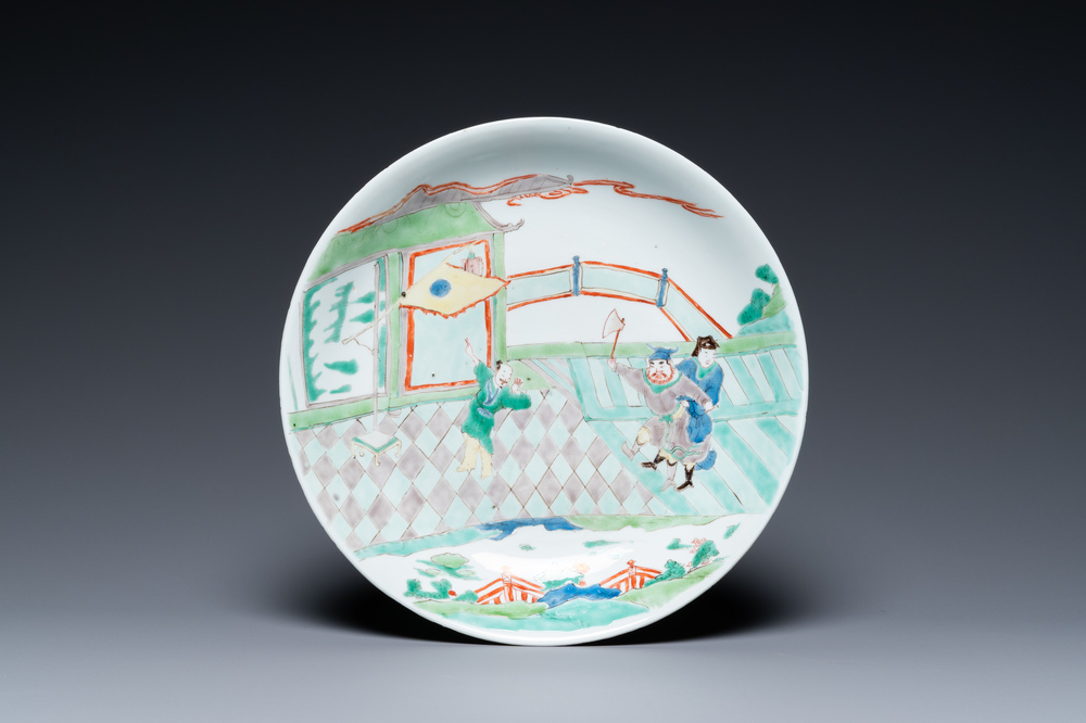 A Chinese famille verte dish with a narrative scene, Kangxi
