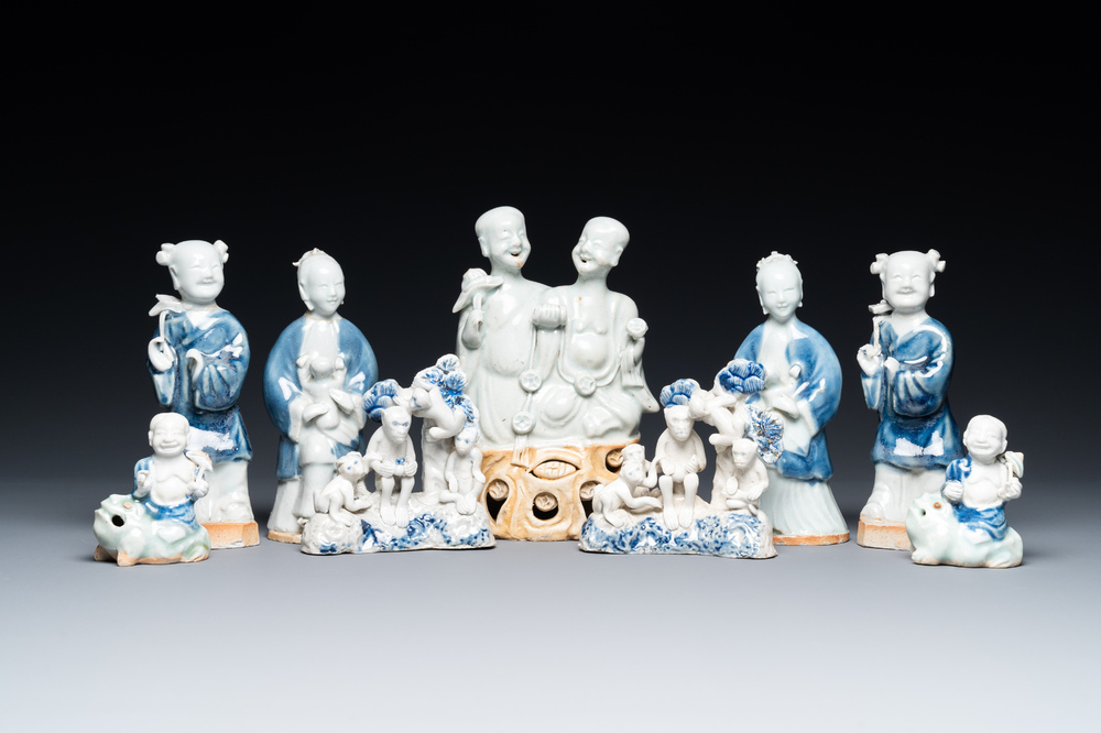 Nine Chinese blue and white and celadon-glazed groups and figures, Qianlong