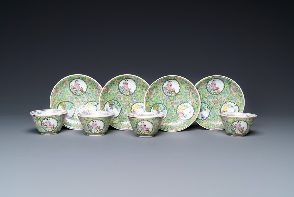 Four Chinese famille rose green-ground cups and saucers, 18/19th C.