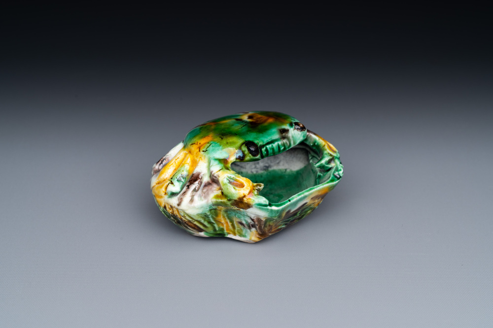 A Chinese crab-shaped sancai-glazed 'egg and spinach' brush washer, Kangxi