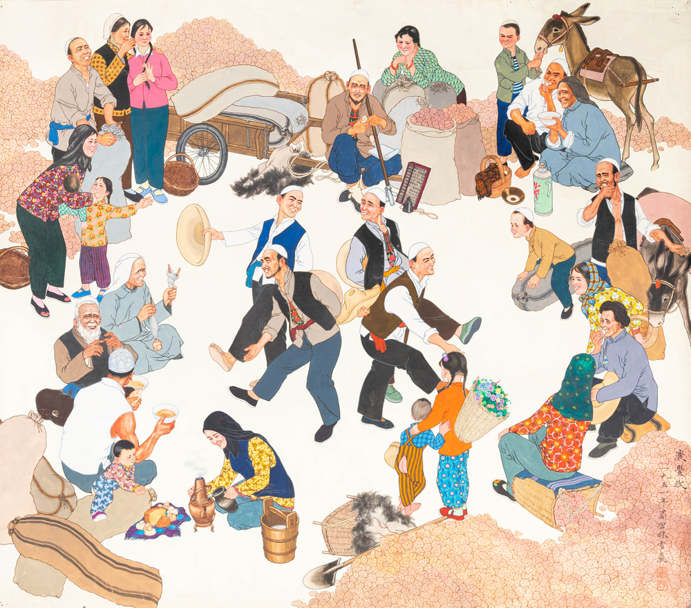 Lin Xueyan (1912-1963): &lsquo;F&ecirc;te de la moisson', encre et couleurs sur papier, dat&eacute; 1951