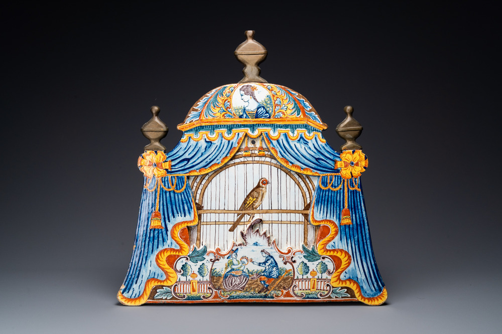 A large bronze-mounted polychrome Dutch Delft 'birdcage' plaque, 18th C.