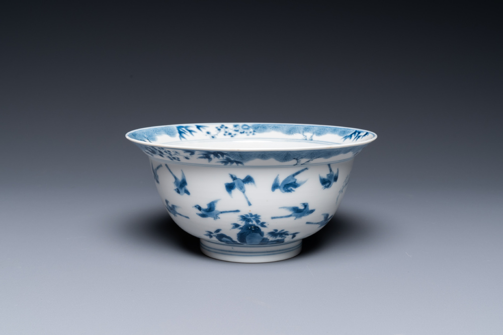 A Chinese blue and white 'twelve magpies' bowl, Chenghua mark, Kangxi