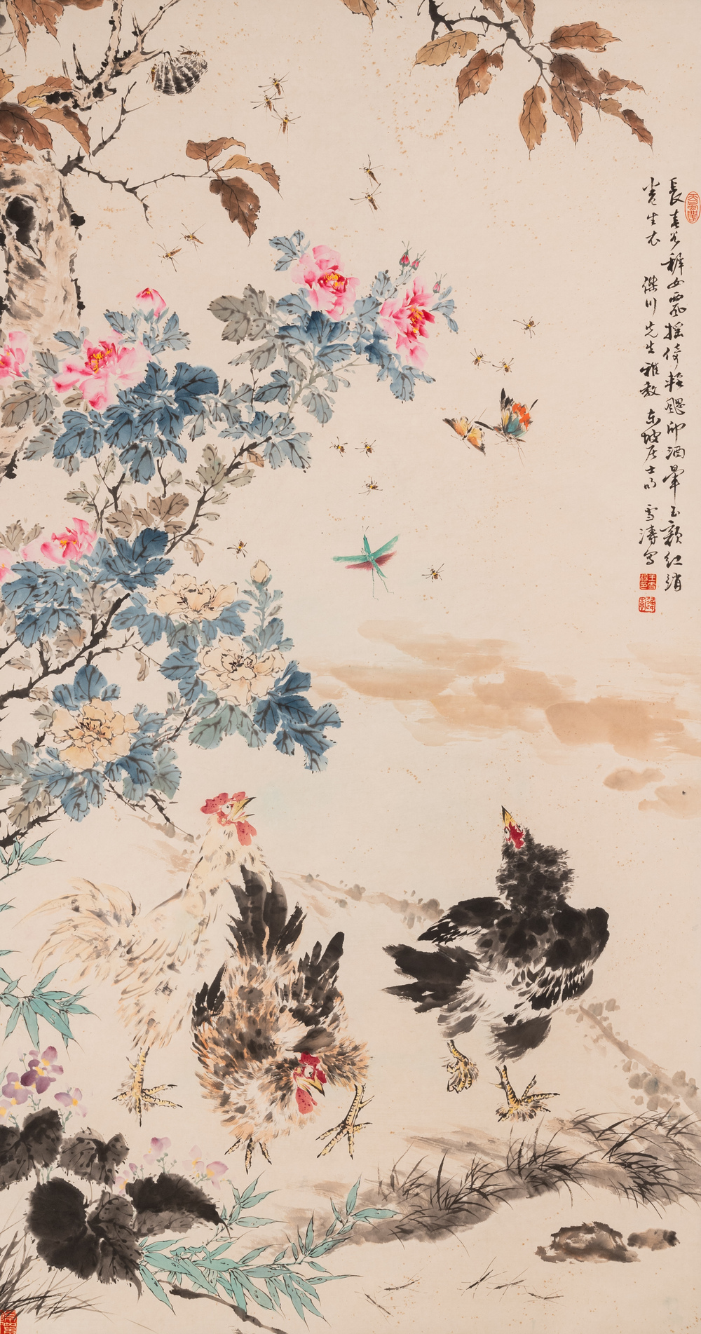Wang Xuetao (1903-1982): 'Des coqs aupr&egrave;s d'un arbuste de pivoines', encre et couleurs sur papier