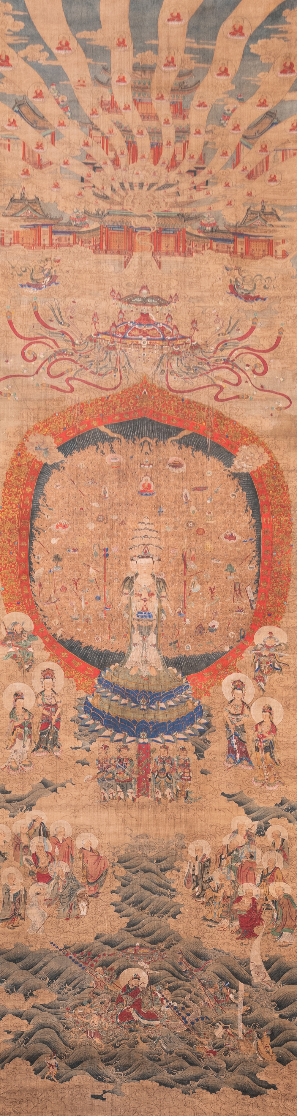 Chinese school: 'De 33-koppige Avalokitesvara', inkt en kleur op zijde, Qing