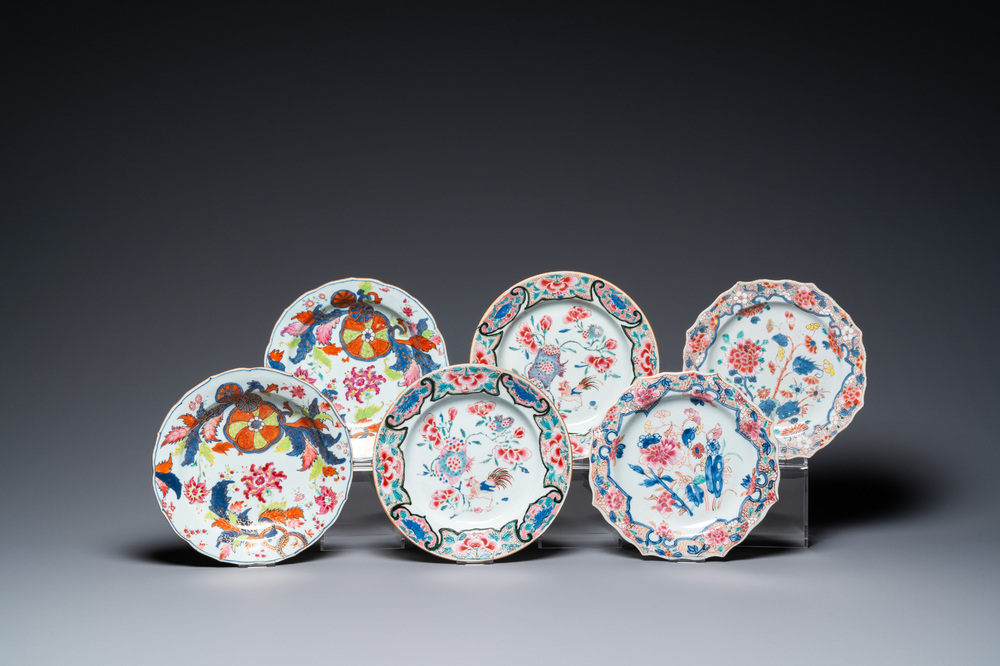 Drie paar Chinese famille rose borden, Qianlong