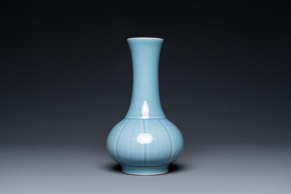 A Chinese monochrome lavender-blue-glazed bottle vase, Yongzheng mark, Republic