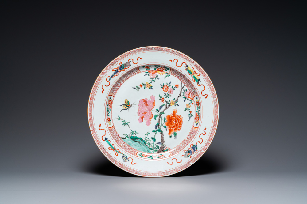 A large Chinese famille rose dish with floral design, Yongzheng