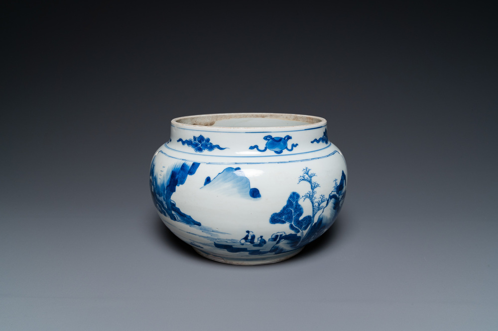 A Chinese blue and white bowl with figures in a landscape, Kangxi