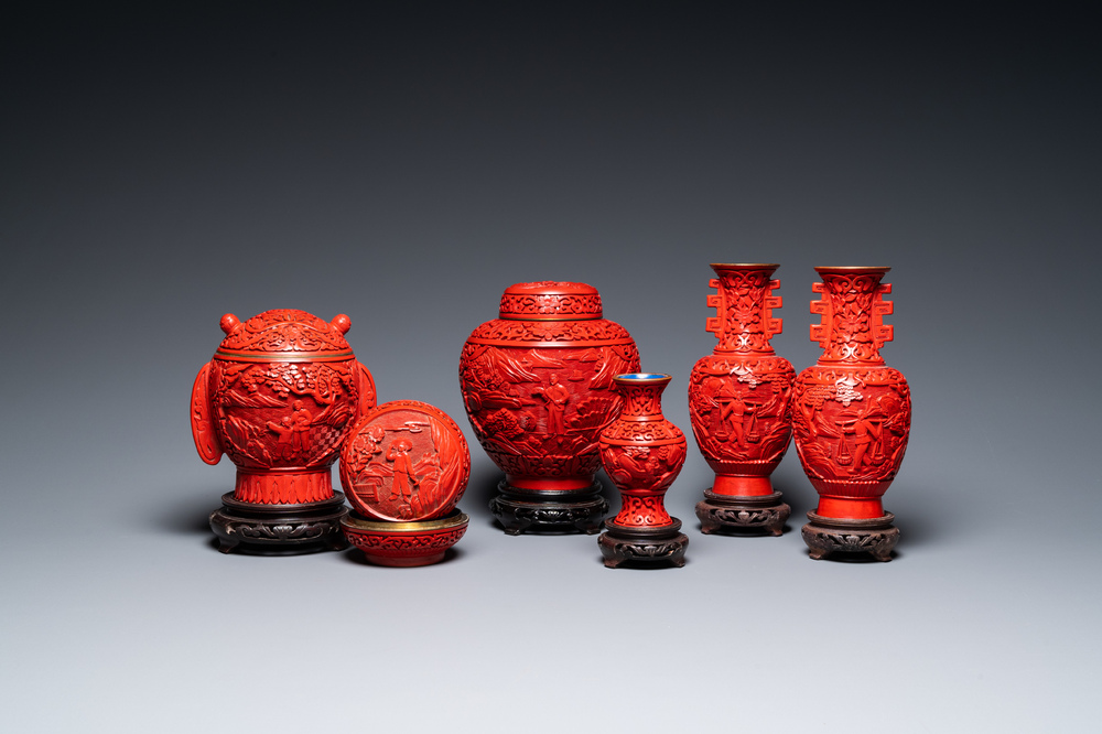 Six Chinese red lacquer pieces with Cultural Revolution design
