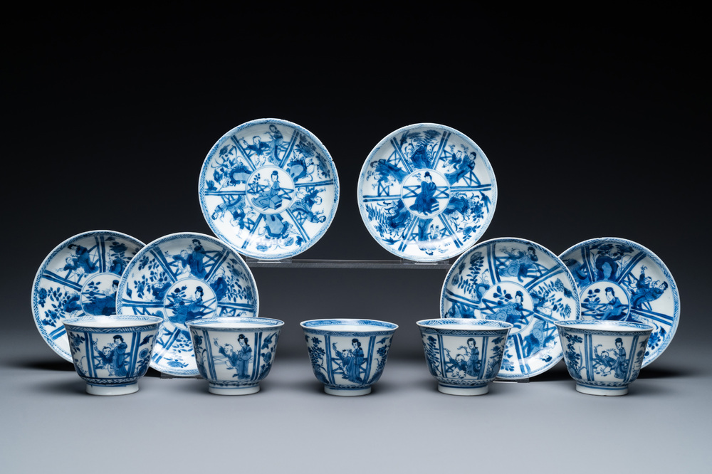 Zes Chinese blauw-witte schotels en vijf koppen, Qi Yu Tang Zhi 奇玉堂製 merk, Kangxi