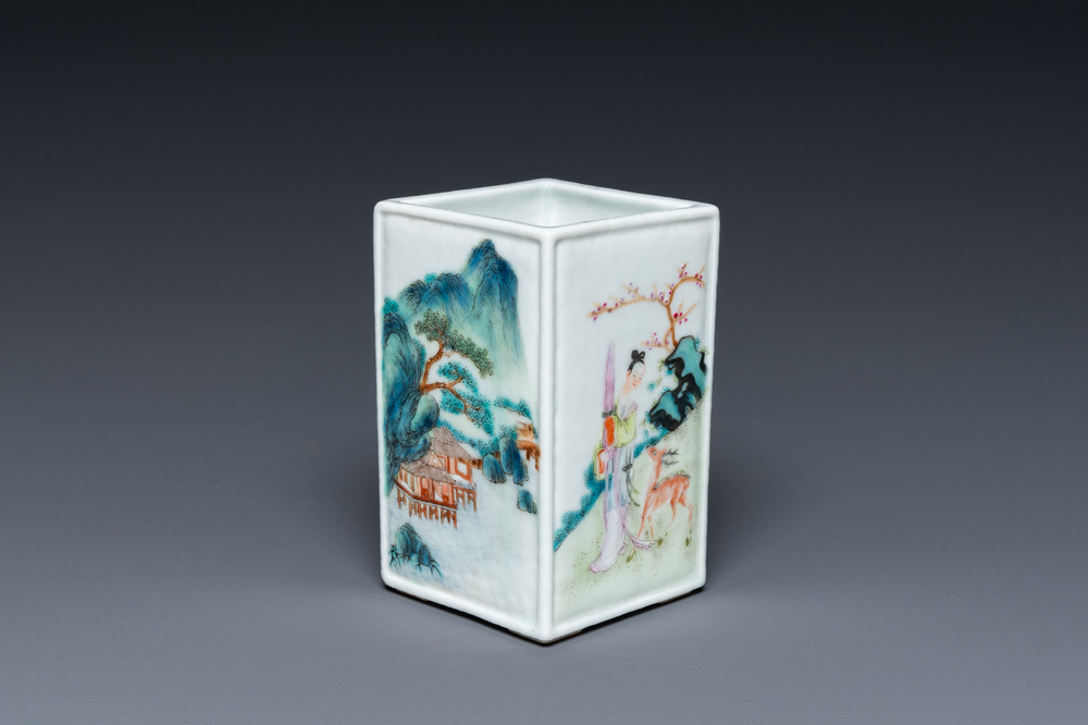 A square Chinese famille rose brush pot, Qianlong mark, Republic