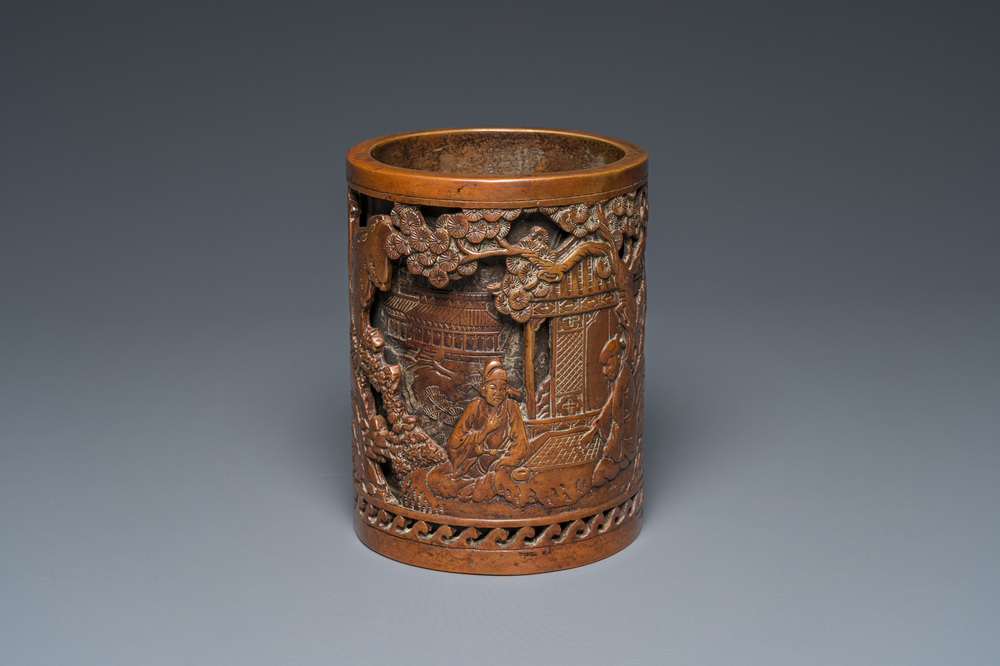 Pot &agrave; pinceaux en bronze &agrave; double parois, Chine, marque de Xuande, Qing