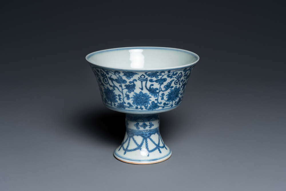 A Chinese blue and white 'Lan&ccedil;a' stem cup, Qianlong mark, 19th C.