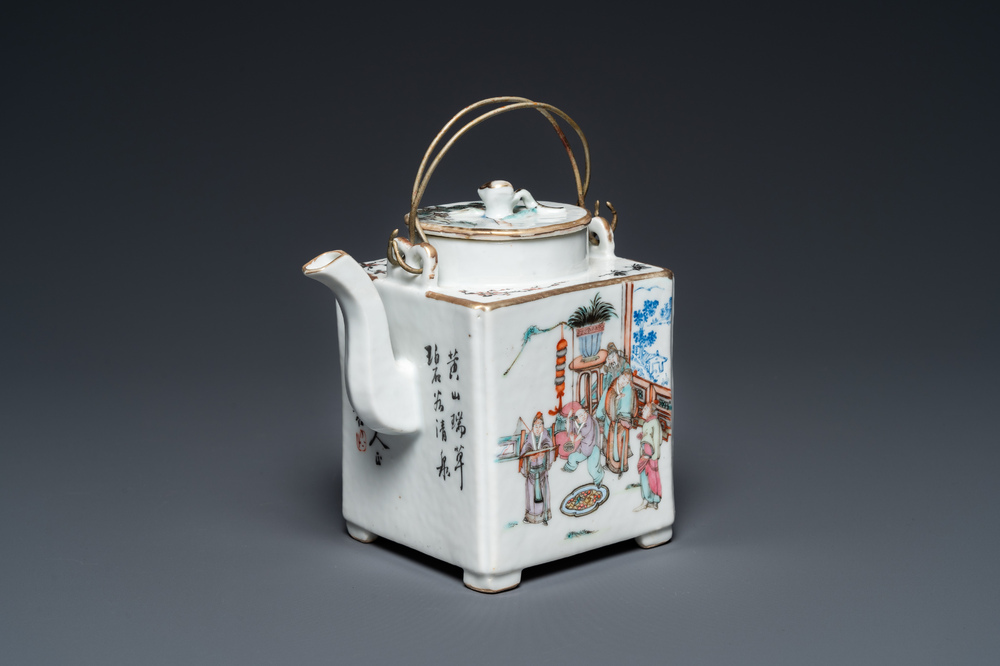 A square Chinese famille rose 'scholars' teapot, signed Jiang Yuqing 蔣玉卿, Tongzhi mark and of the period