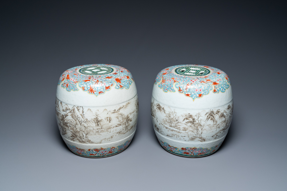 A pair of Chinese famille rose miniature stools with grisaille landscapes, Qianlong/Jiaqing
