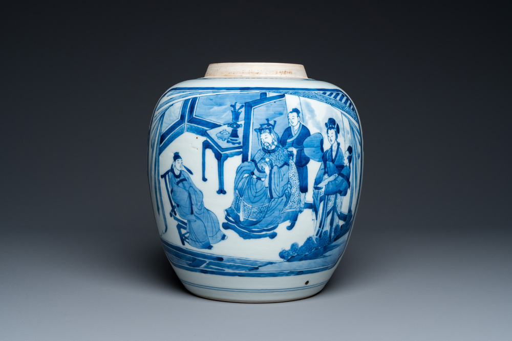 A Chinese blue and white 'narrative subject' jar, Kangxi