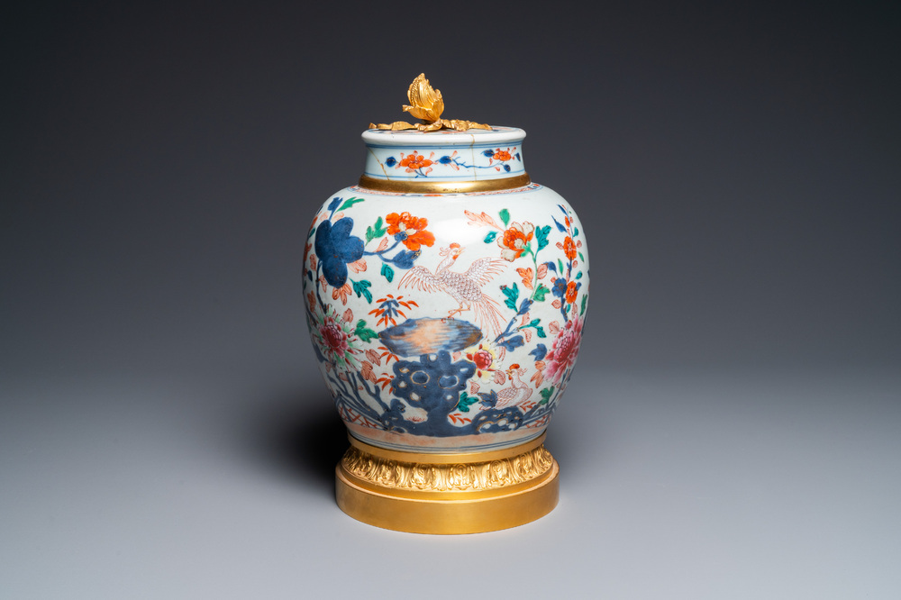 A Chinese rose-Imari jar and cover with gilt bronze mount, Qianlong